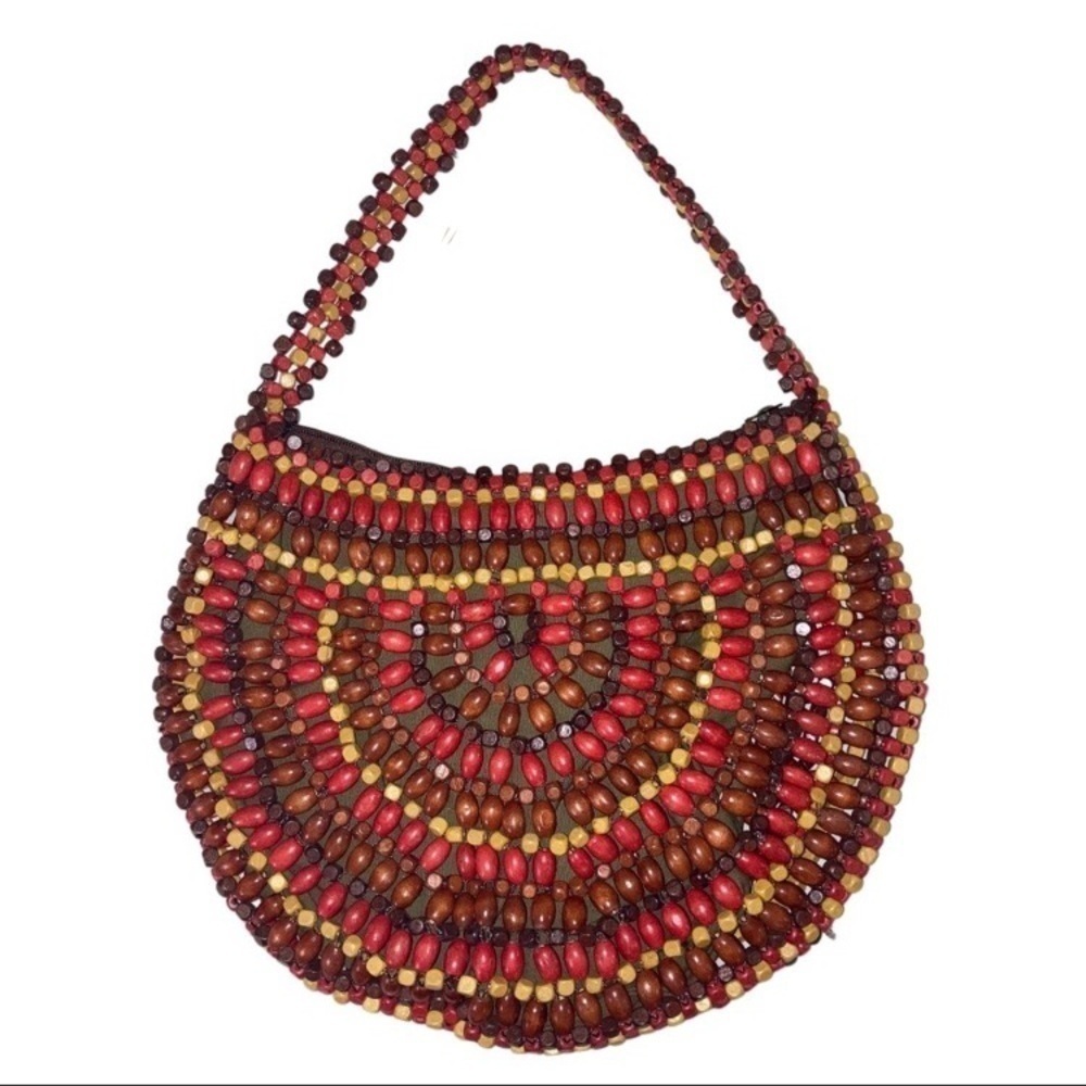 Festival Coachella Wooden Beaded Boho Purse Red Tan Brown Bohemian Women’s Bag